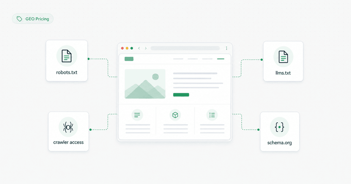 GEO pricing diagram: robots.txt, llms.txt, crawler access, and schema.org signals around a website.