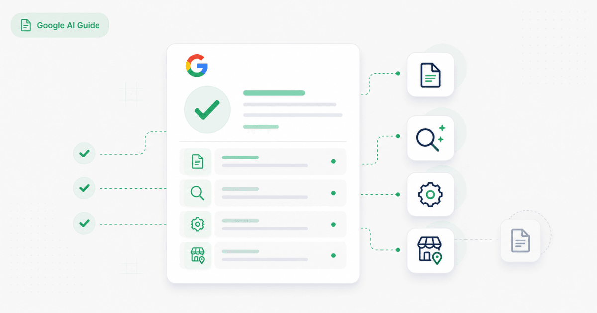 Infographic summarizing Google’s official AI optimization guide: content quality, technical SEO, and what business owners still need beyond Google Search.